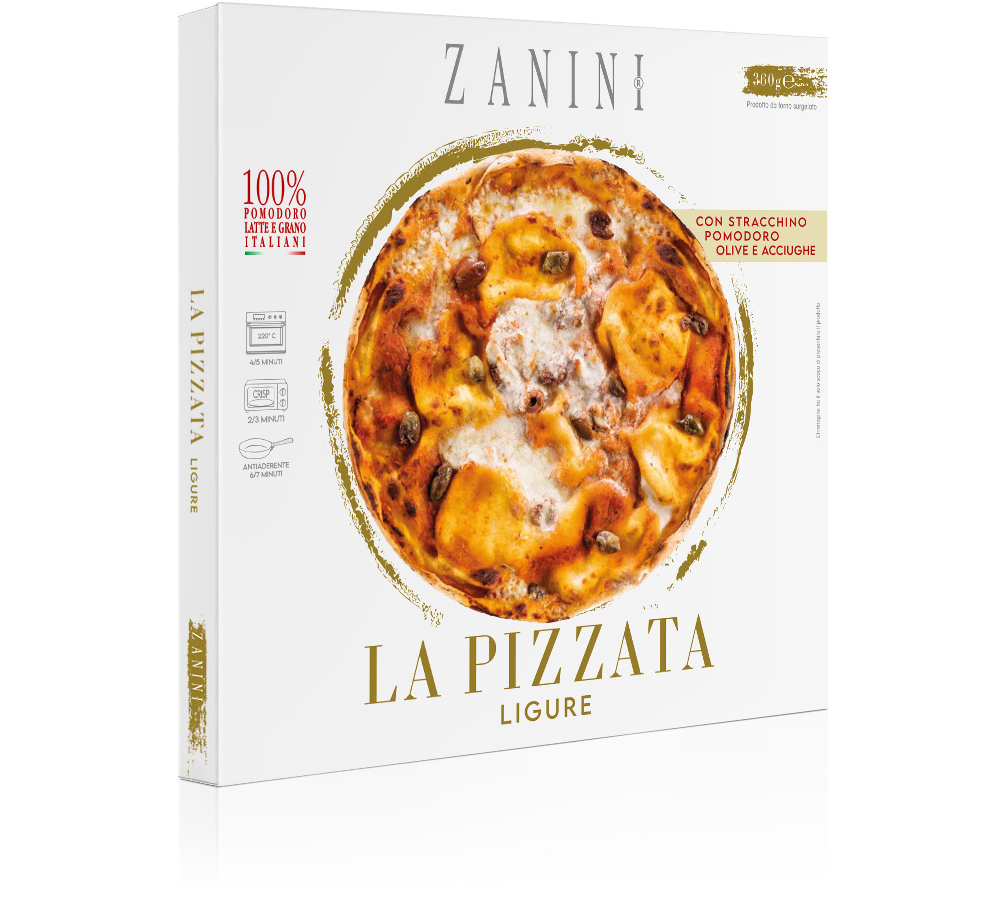 La Pizzata ligure surgelata by Zanini Alimentare, con pomodoro, crescenza, olive, acciughe e capperi
