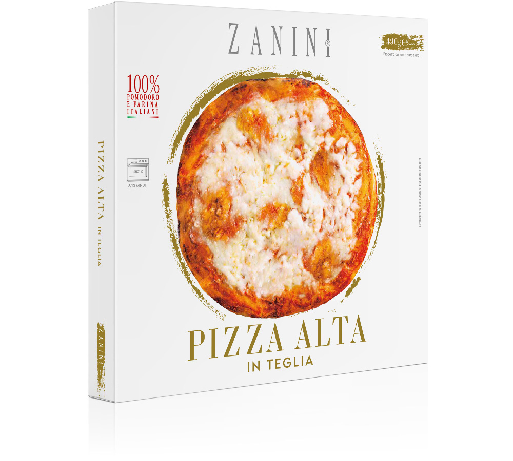 Pizza alta in teglia surgelata by Zanini, con pomodoro e farina 100% italiani