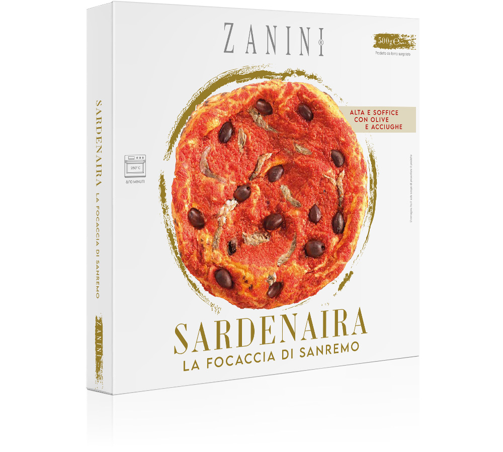 La Sardenaria, focaccia di Sanremo surgelata by Zanini, con con olive e acciughe
